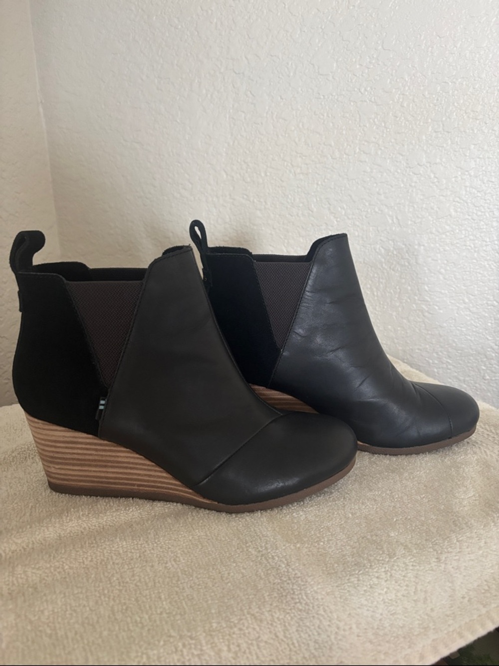Toms Black Wedge Ankle Booties with Stacked Heel